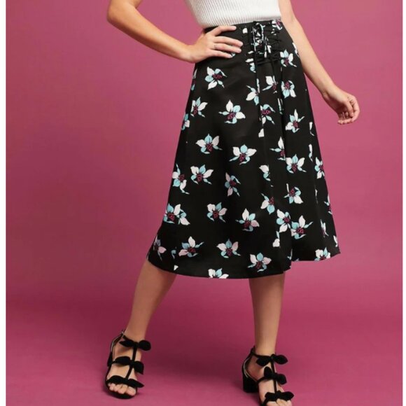Anthropologie Maeve Midi Skirt 4 Black Blue Floral Lace-Up A-Line High Waist - Picture 1 of 9